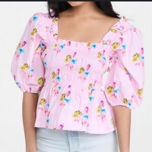 Ganni Pink Floral Smocked Top
